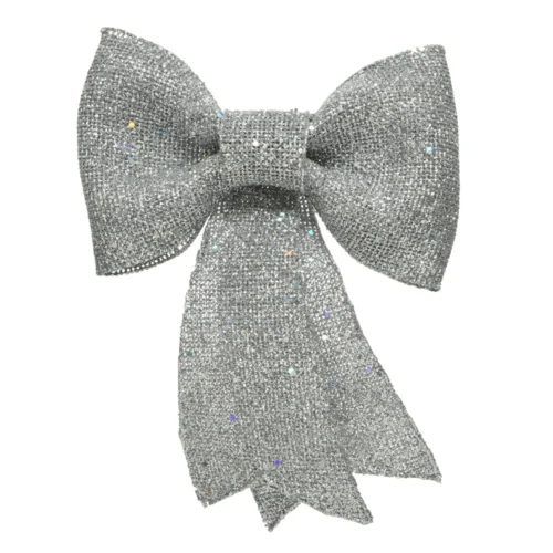910334_Okrasek Bow srebrne barve z bleščicami 14cm
