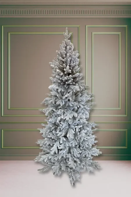 Umetna zasnežena jelka Aspen 240 cm Slim 100% PE (3D iglice) – ozke novoletne jelke