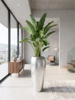 Visok okrasni lonec Elio 87 x 38 cm srebrne barve fiberglass